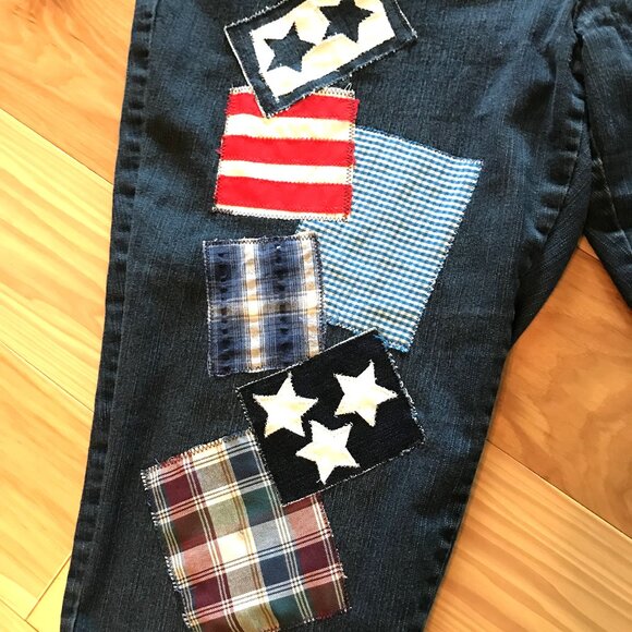 Patchwork Capris Shorts: Upcycled 4th Of July Patriotic Jeans, Women's Size 16 - Picture 7 of 13